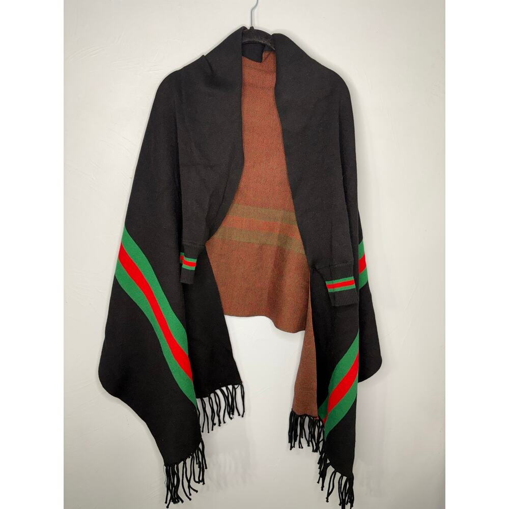 Fringe Shawl Red Green Stripes Black One Size Fall Stylish Wrap